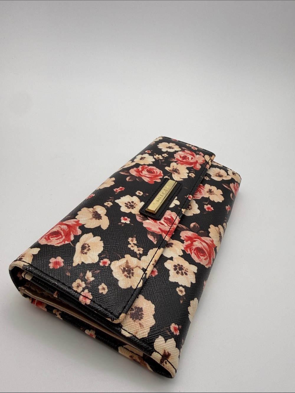 Anne Klein Black Pink Floral Rose Bifold Wallet Gold Tone Snap Closure